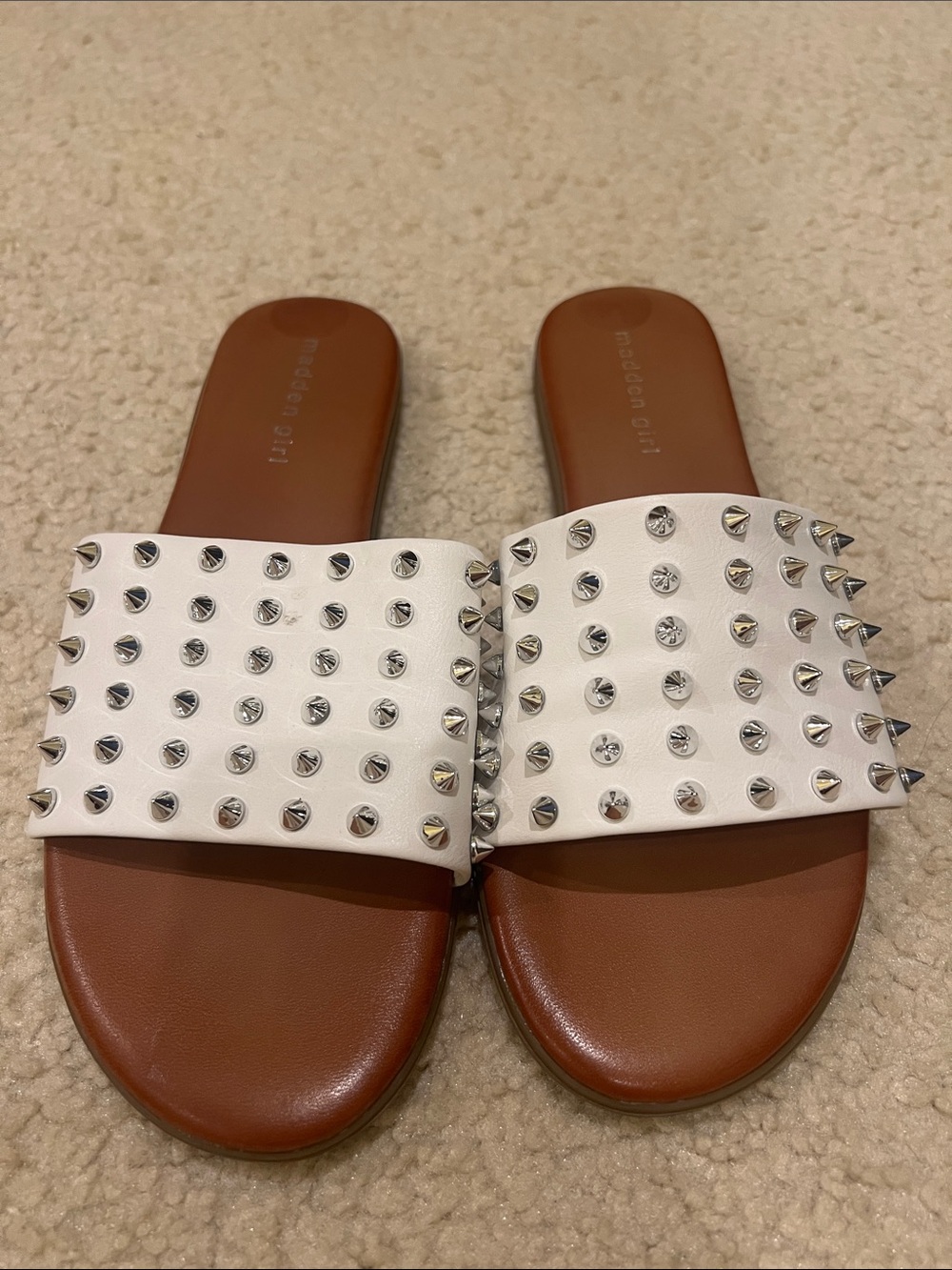 Madden Girl White Studded Slide Sandals with Brown Footbed